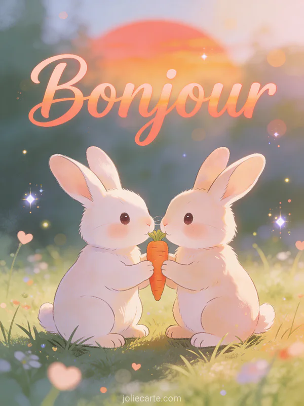Deux lapins adorables assis ensemble partageant une carotte dans une prairie aux couleurs pastel avec le texte Bonjour
