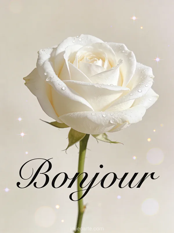 Rose blanche parfaite avec gouttes de rosée sur les pétales en composition minimaliste sur fond neutre avec le texte Bonjour