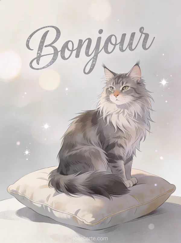 Chat maine coon pelucheux assis majestueusement sur un coussin avec fourrure luxueuse et expression sage avec le texte Bonjour