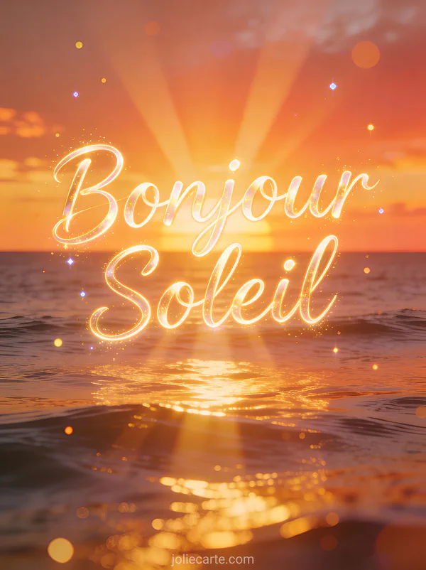 Lever de soleil doré sur l'horizon de l'océan avec rayons lumineux sur eau calme et ciel corail et or avec le texte Bonjour Soleil