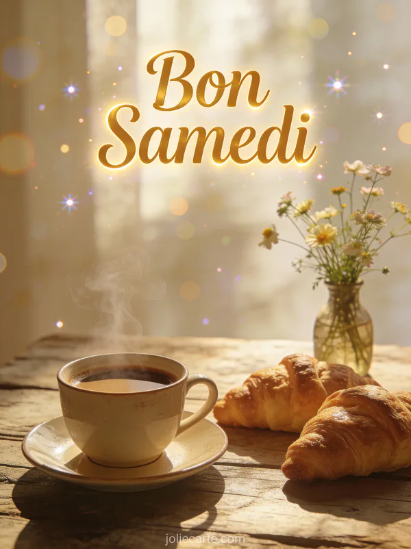 Tasse de café fumante sur table en bois avec croissants et fleurs sauvages dans la lumière du matin avec le texte Bon Samedi