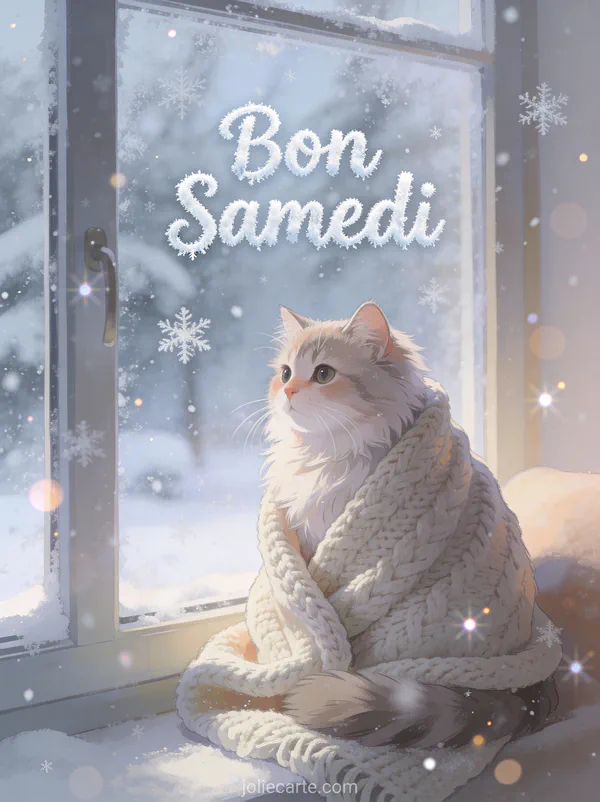 Chat roux enveloppé dans une couverture tricotée avec paysage enneigé visible derrière une vitre givrée et le texte Bon Samedi