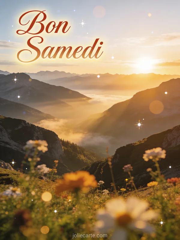 Paysage de montagne au lever du soleil avec lumière dorée sur vallées brumeuses et fleurs sauvages avec le texte Bon Samedi