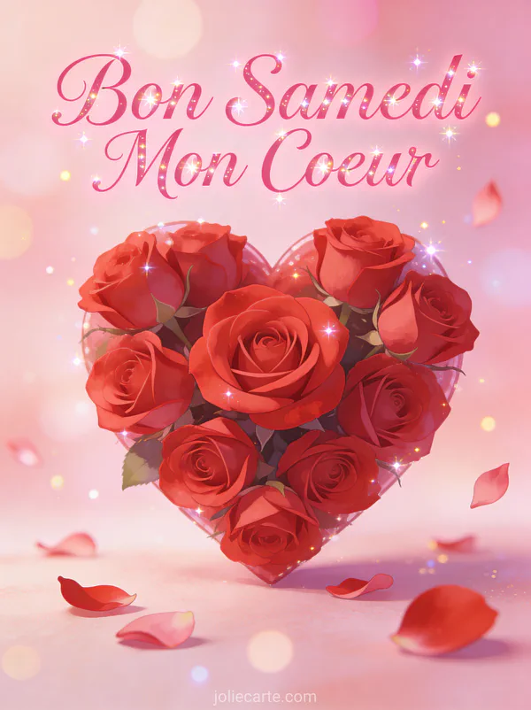 Roses rouges arrangées en forme de cœur avec pétales délicats et le texte Bon Samedi Mon Cœur