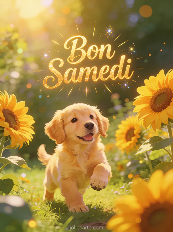 Chiot golden retriever dans un jardin ensoleillé entouré de tournesols avec le texte Bon Samedi