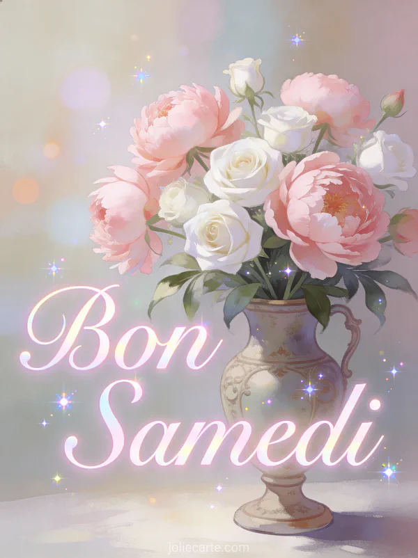 Bouquet de pivoines roses et roses blanches dans un vase vintage avec lumière douce et le texte Bon Samedi