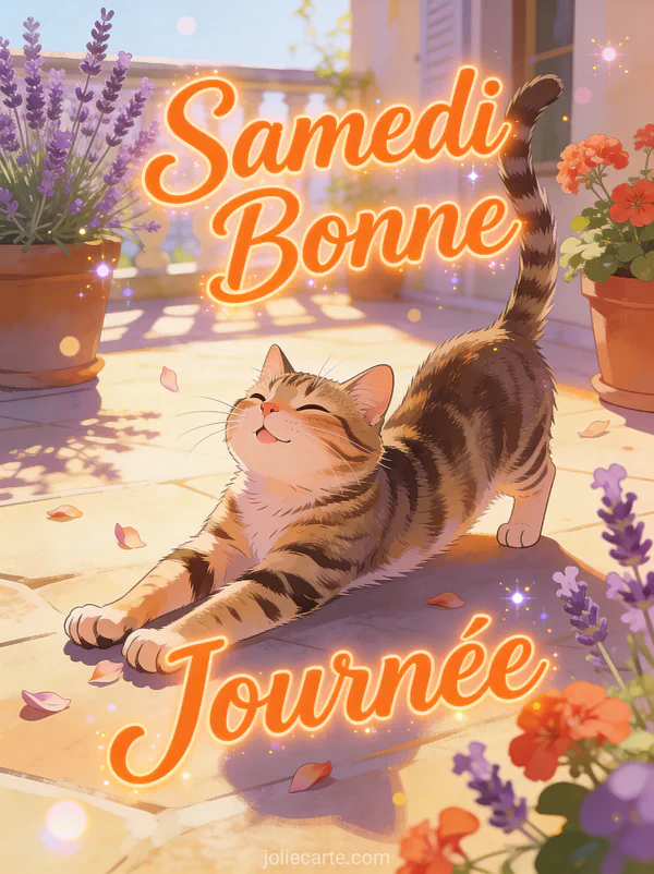 Chat tigré qui s'étire sur une terrasse ensoleillée avec lavande et géraniums et le texte Samedi Bonne Journée
