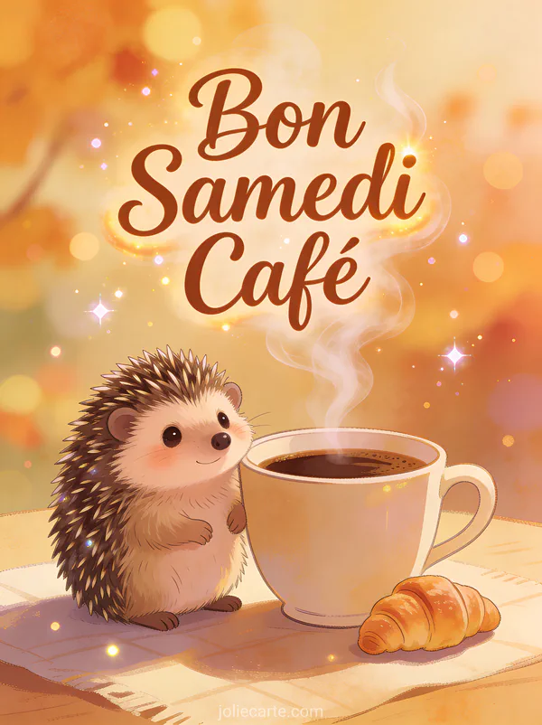 Adorable hérisson assis à côté d'une grande tasse de café avec un croissant et le texte Bon Samedi Café