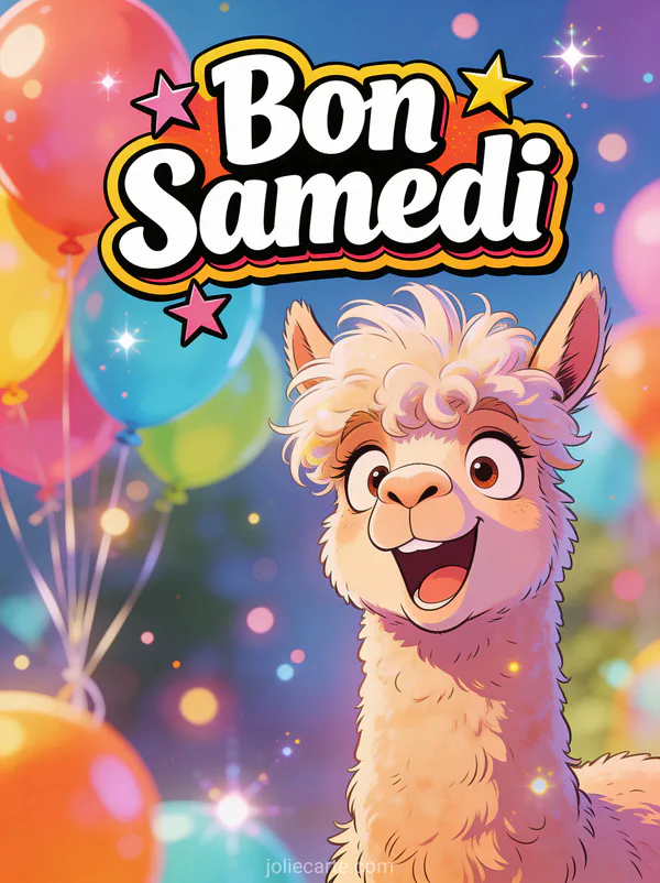 Lama avec coiffure exagérée faisant une grimace drôle avec ballons colorés et le texte Bon Samedi en style bande dessinée