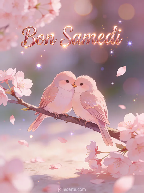 Deux inséparables blottis sur une branche avec fleurs de cerisier qui tombent doucement et le texte Bon Samedi