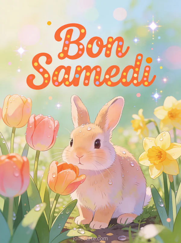 Lapin mignon dans un jardin de tulipes et jonquilles au printemps avec rosée sur les pétales et le texte Bon Samedi