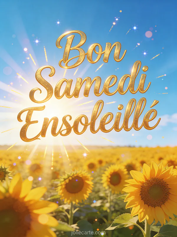 Champ de tournesols s'étendant jusqu'à l'horizon sous un ciel bleu brillant avec le texte Bon Samedi Ensoleillé