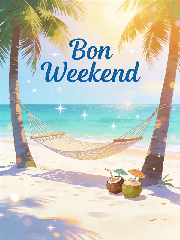 Hamac entre deux palmiers sur une plage paradisiaque avec mer turquoise et le texte Bon Weekend
