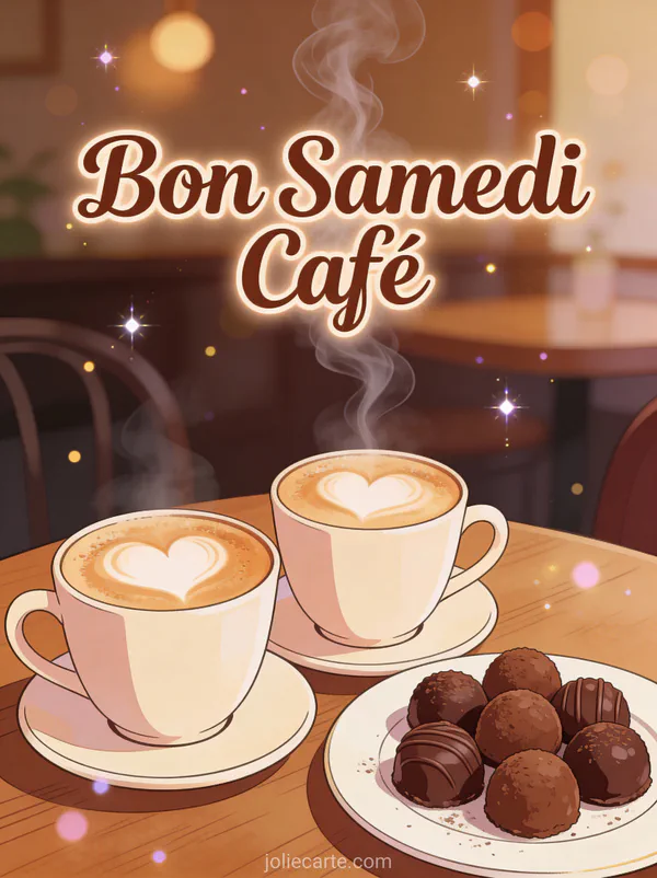 Deux cappuccinos avec cœurs en mousse côte à côte et truffes au chocolat avec le texte Bon Samedi Café