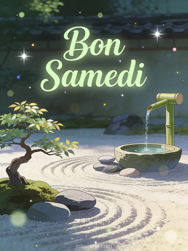 Jardin zen avec sable ratissé pierres harmonieuses bonsaï et fontaine en bambou et le texte Bon Samedi
