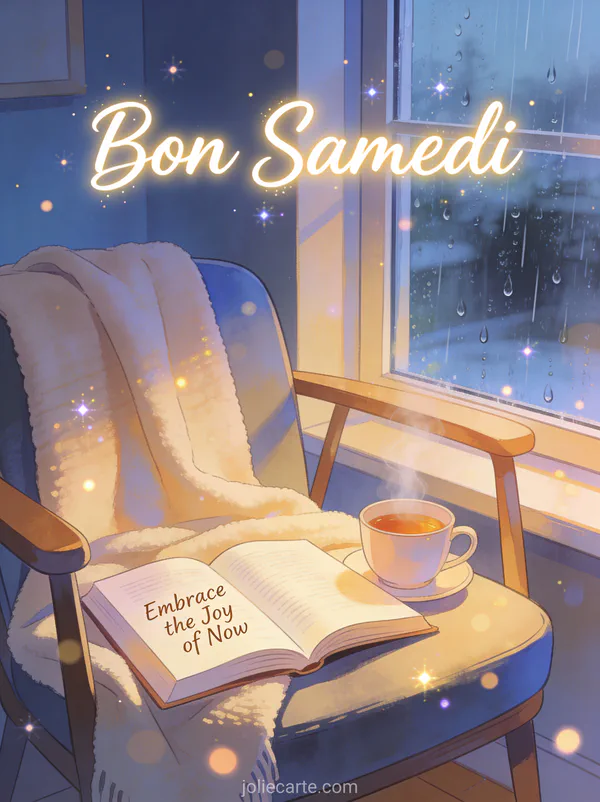 Livre ouvert avec tasse de thé fumante dans un coin lecture cosy avec couverture douce et le texte Bon Samedi