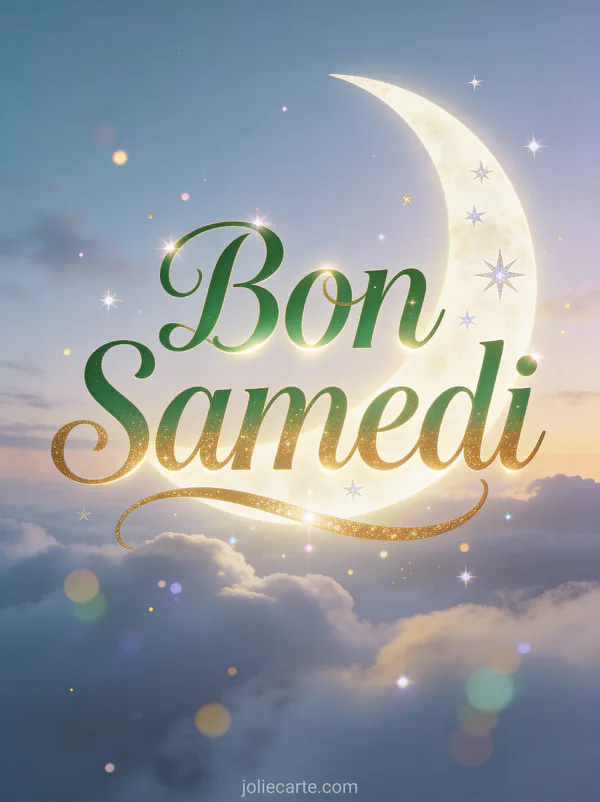 Croissant de lune délicat avec étoiles et nuages doux dans un ciel crépusculaire et le texte Bon Samedi