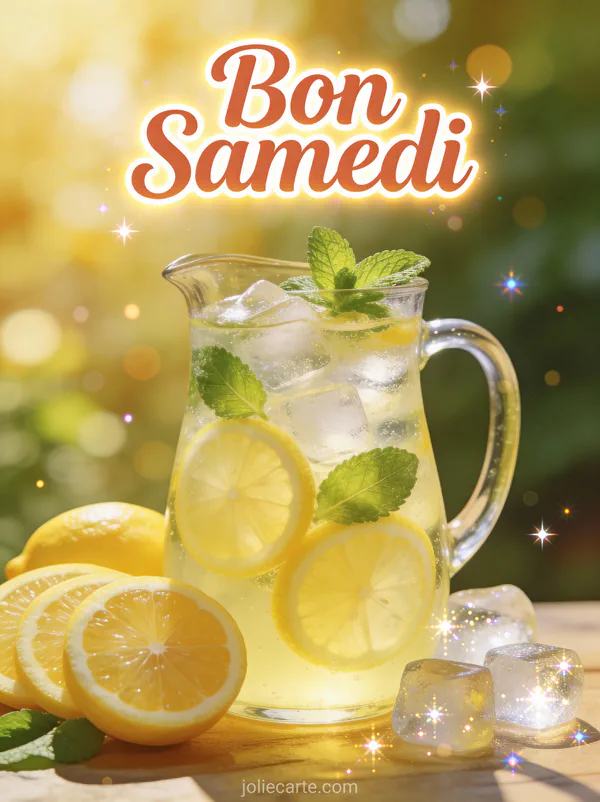 Carafe de citronnade maison avec menthe glaçons et citrons tranchés et le texte Bon Samedi