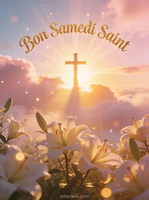 Silhouette de croix devant un lever de soleil lumineux avec lys en fleurs et le texte Bon Samedi Saint
