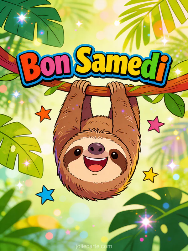 Paresseux suspendu la tête en bas avec un grand sourire dans la jungle tropicale et le texte Bon Samedi style bande dessinée