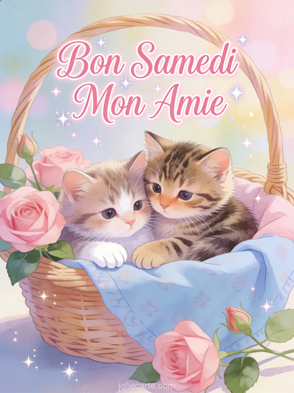 Deux chatons blottis dans un panier douillet avec roses roses à côté et le texte Bon Samedi Mon Amie