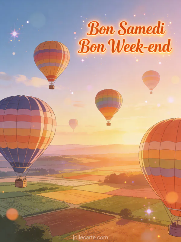 Montgolfières colorées flottant au-dessus de la campagne au lever du soleil avec le texte Bon Samedi Bon Week-end