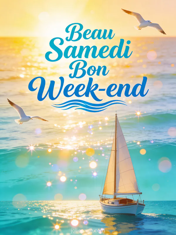 Voilier paisible sur une mer turquoise calme avec mouettes et ciel ensoleillé et le texte Beau Samedi Bon Week-end