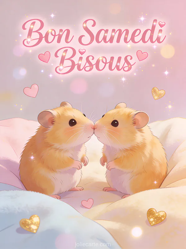Deux hamsters dorés qui se touchent le nez tendrement avec petits cœurs flottants et le texte Bon Samedi Bisous