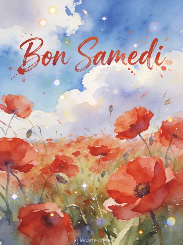 Champ de coquelicots rouges ondulant dans la brise sous un ciel bleu avec nuages et le texte Bon Samedi style aquarelle