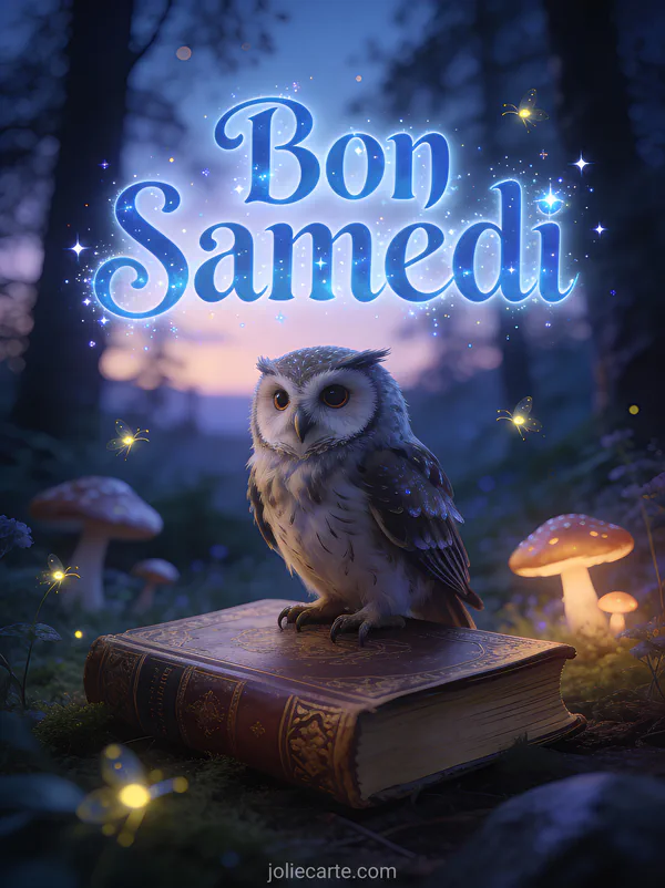 Hibou sage perché sur un livre ancien dans une forêt magique au crépuscule avec champignons lumineux et lucioles et le texte Bon Samedi