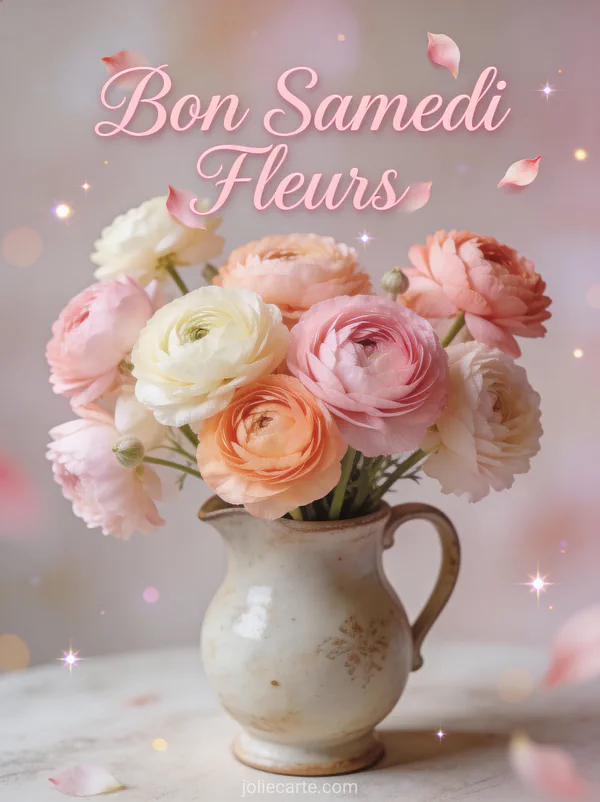 Bouquet de renoncules pastel roses crème et pêche dans un pichet en céramique vintage et le texte Bon Samedi Fleurs
