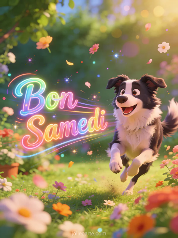 Border collie excité courant dans un jardin avec fleurs volant partout et le texte Bon Samedi style animation