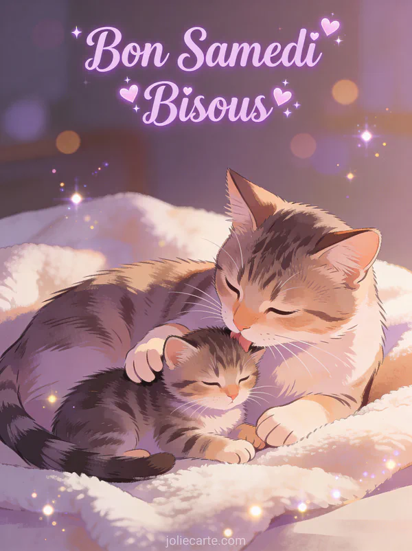 Chatte qui fait la toilette à son petit chaton sur une couverture douce avec le texte Bon Samedi Bisous
