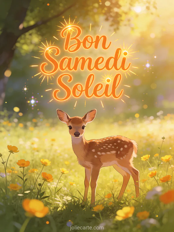 Bébé faon dans une prairie ensoleillée avec boutons d'or et lumière dorée filtrant à travers les arbres et le texte Bon Samedi Soleil
