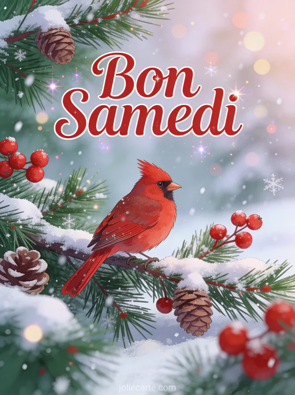Cardinal rouge perché sur une branche de sapin enneigée avec baies rouges et flocons de neige et le texte Bon Samedi