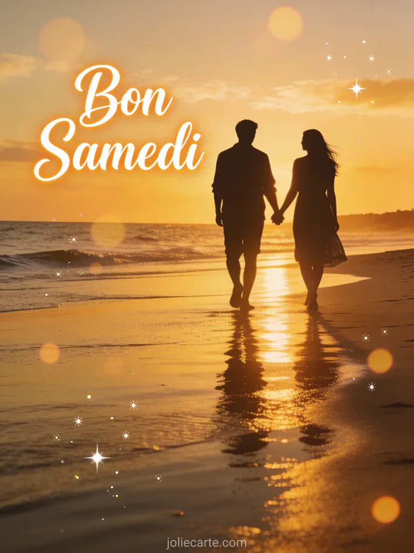 Silhouette d'un couple main dans la main marchant sur la plage au coucher du soleil et le texte Bon Samedi