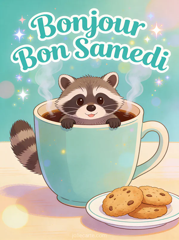Raton laveur espiègle sortant la tête d'une grande tasse de café avec biscuits et le texte Bonjour Bon Samedi