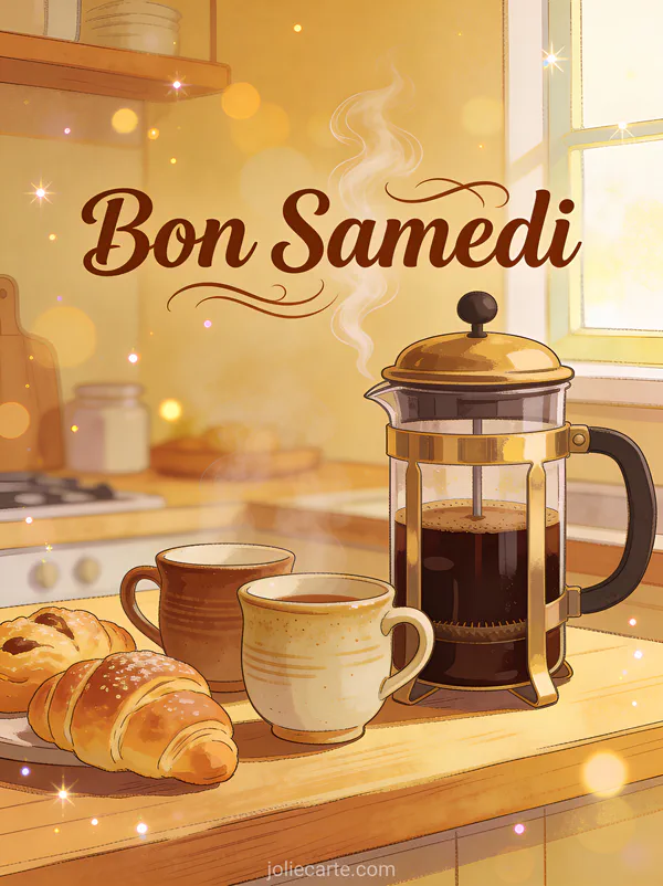 Cafetière à piston artisanale avec tasses en céramique et viennoiseries fraîches dans une cuisine chaleureuse et le texte Bon Samedi