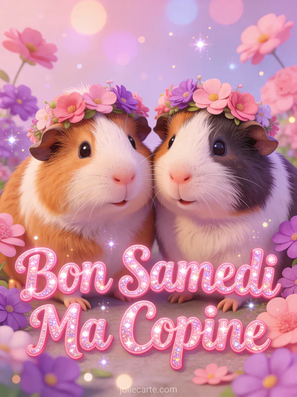Deux adorables cochons d'Inde partageant une couronne de fleurs avec fleurs roses et violettes et le texte Bon Samedi Ma Copine
