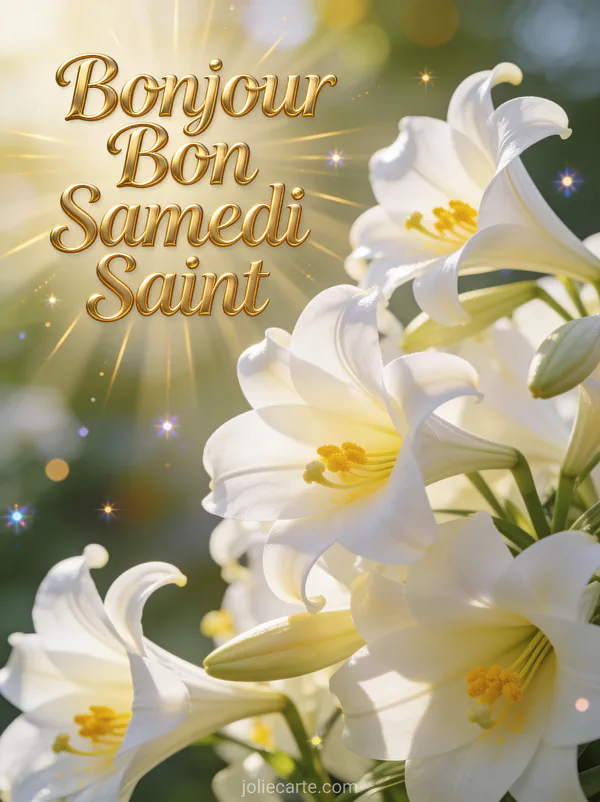 Arrangement de lys de Pâques dans la lumière douce du matin atmosphère paisible et sainte et le texte Bonjour Bon Samedi Saint