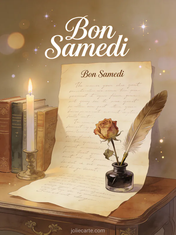 Bureau vintage avec poème manuscrit sur parchemin roses séchées dans un encrier et livres anciens et le texte Bon Samedi