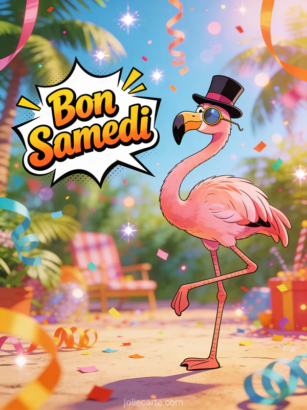 Flamant rose hilaire portant haut-de-forme et monocle dansant avec confettis et le texte Bon Samedi style bande dessinée