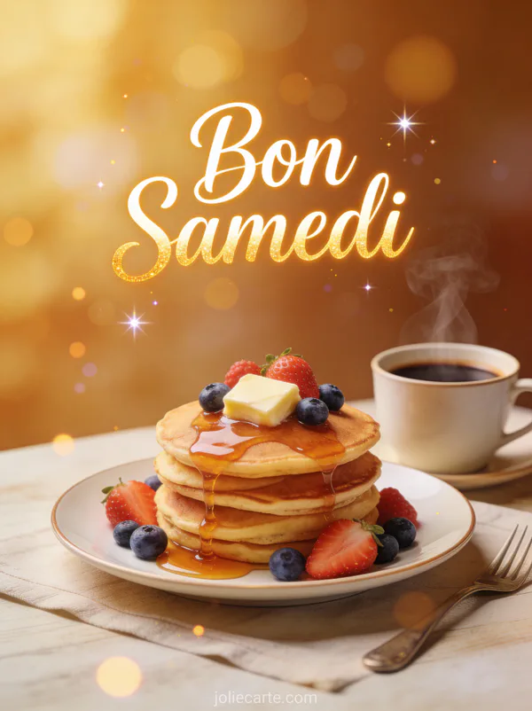 Pile de pancakes moelleux avec sirop d'érable fruits rouges et café fumant et le texte Bon Samedi