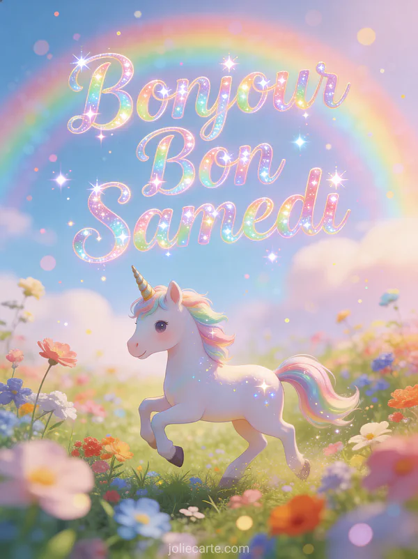 Adorable licorne galopant dans un champ de fleurs colorées avec arc-en-ciel magique et le texte Bonjour Bon Samedi