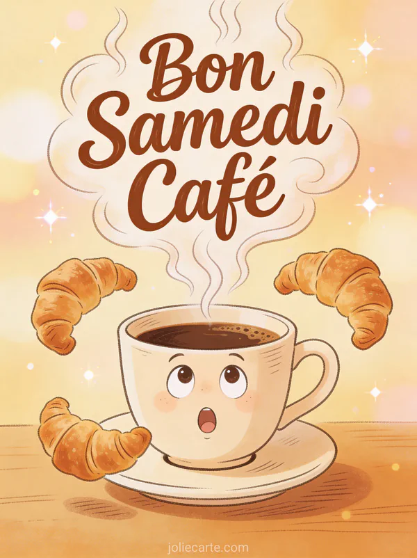 Tasse de café avec yeux cartoon surpris et croissants qui sautent autour et le texte Bon Samedi Café