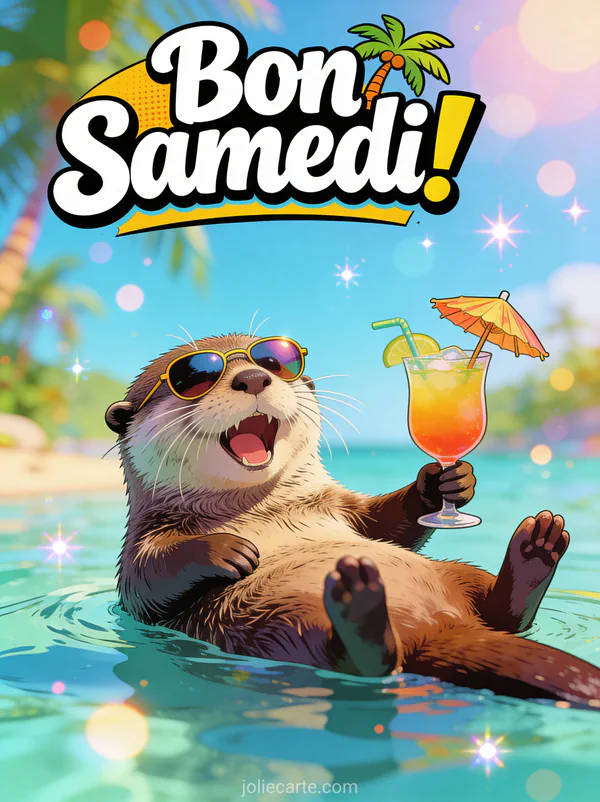 Loutre hilare flottant sur le dos avec lunettes de soleil et cocktail avec parasol et le texte Bon Samedi