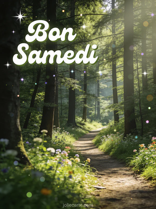 Sentier forestier paisible serpentant entre de grands arbres avec lumière tachetée et fleurs sauvages et le texte Bon Samedi