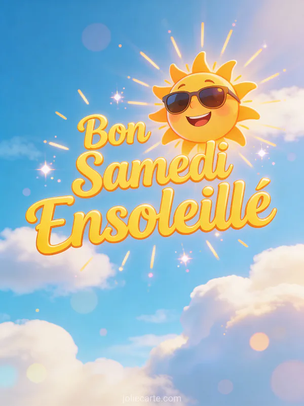Soleil souriant cartoon avec lunettes de soleil dans un ciel bleu avec nuages duveteux et le texte Bon Samedi Ensoleillé
