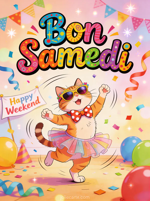Chat hilare portant un costume ridicule dansant avec décorations de fête partout et le texte Bon Samedi