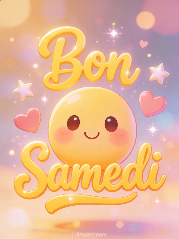 Smiley kawaii adorable avec joues roses et cœurs et étoiles flottant autour et le texte Bon Samedi